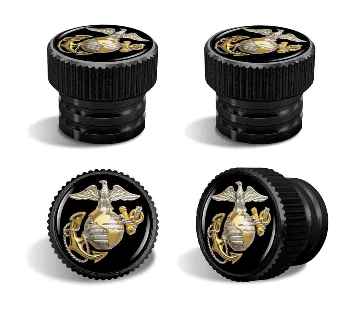 U.S Marine Corps Gold Emblem - USMC Tire Valve Stem Caps – Black Aluminum Set of 4
